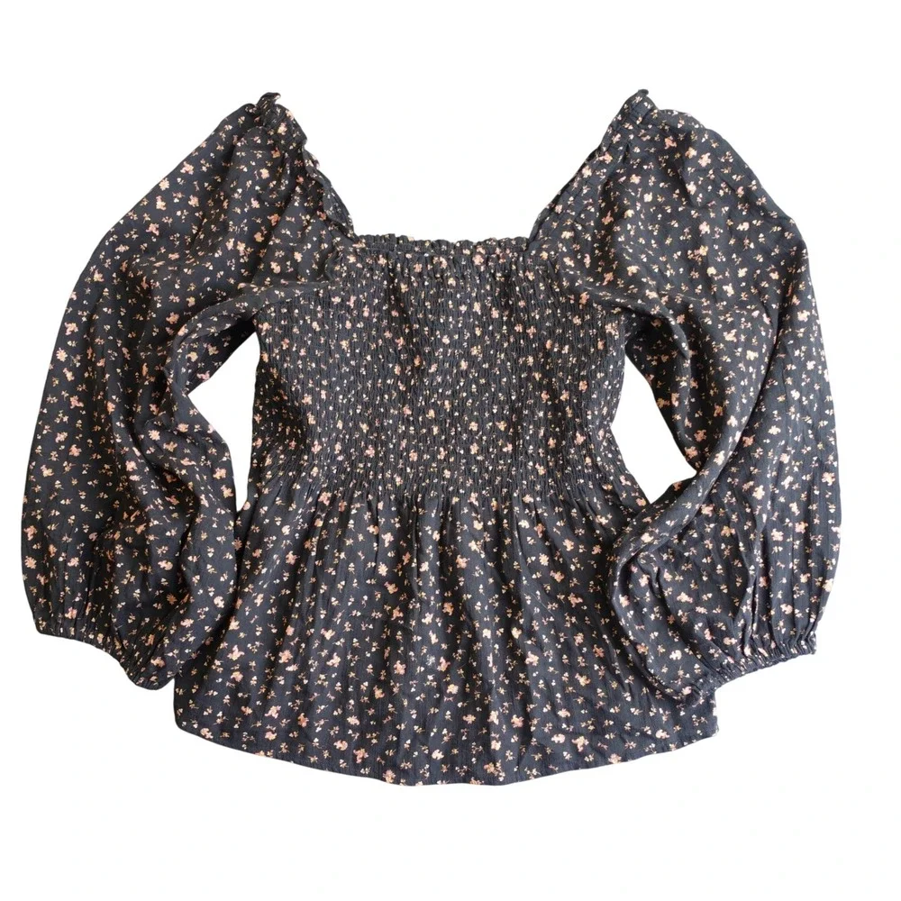 Madewell Smocked‎ Puff Sleeve Top 12 Black Floral Cottage Romantic Boho Cotton